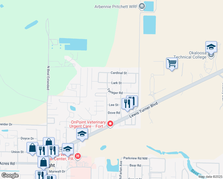 map of restaurants, bars, coffee shops, grocery stores, and more near 815 Tanager Road in Fort Walton Beach