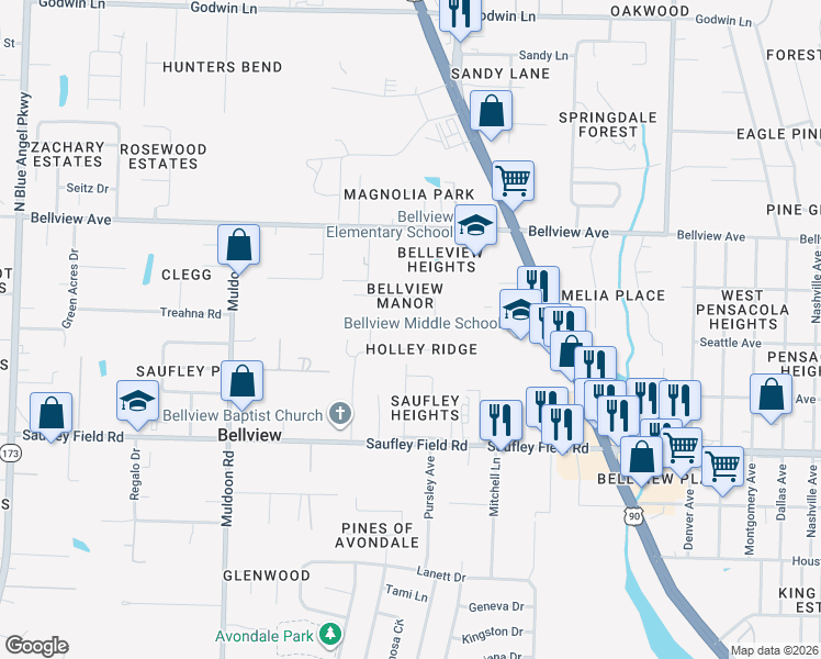 map of restaurants, bars, coffee shops, grocery stores, and more near 6250 Bradshaw Street in Pensacola