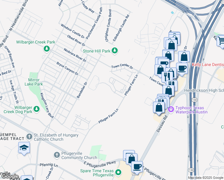map of restaurants, bars, coffee shops, grocery stores, and more near Craters of the Moon Boulevard in Pflugerville