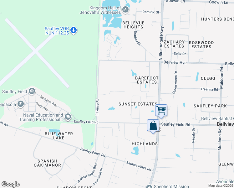 map of restaurants, bars, coffee shops, grocery stores, and more near 6114 East Fence Road in Pensacola