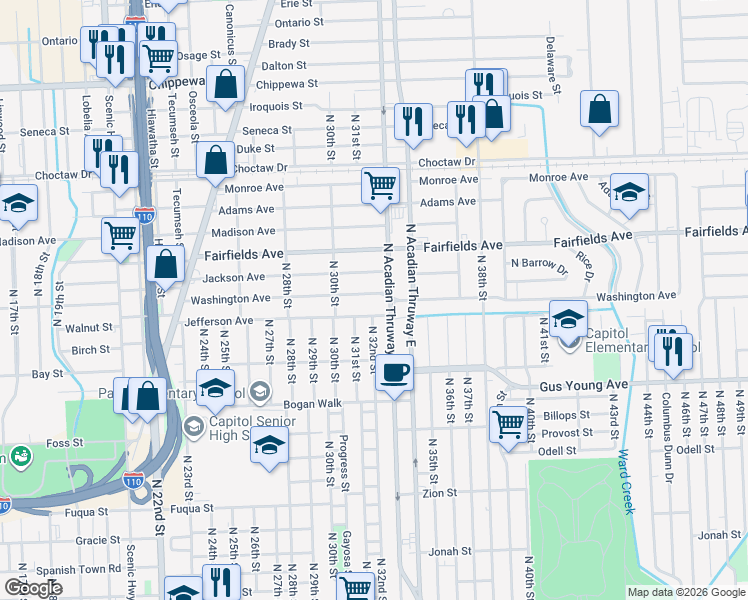 map of restaurants, bars, coffee shops, grocery stores, and more near in Baton Rouge
