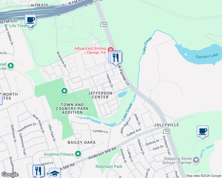map of restaurants, bars, coffee shops, grocery stores, and more near 8616 Harrier Drive in Austin