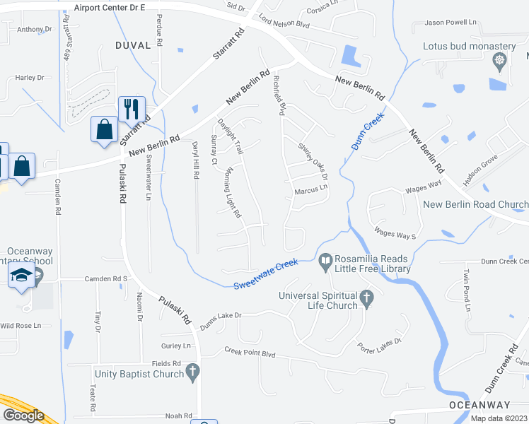 map of restaurants, bars, coffee shops, grocery stores, and more near 12625 Daylight Trail in Jacksonville
