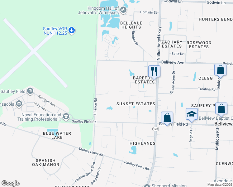 map of restaurants, bars, coffee shops, grocery stores, and more near 6114 East Fence Road in Pensacola