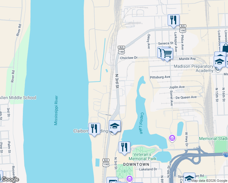 map of restaurants, bars, coffee shops, grocery stores, and more near 2045n North 3rd Street in Baton Rouge