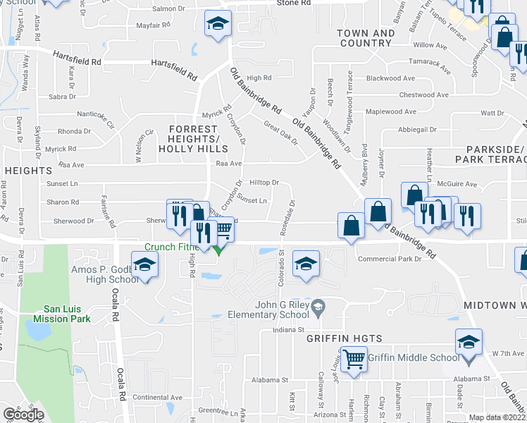 map of restaurants, bars, coffee shops, grocery stores, and more near 1904 Holly Street in Tallahassee
