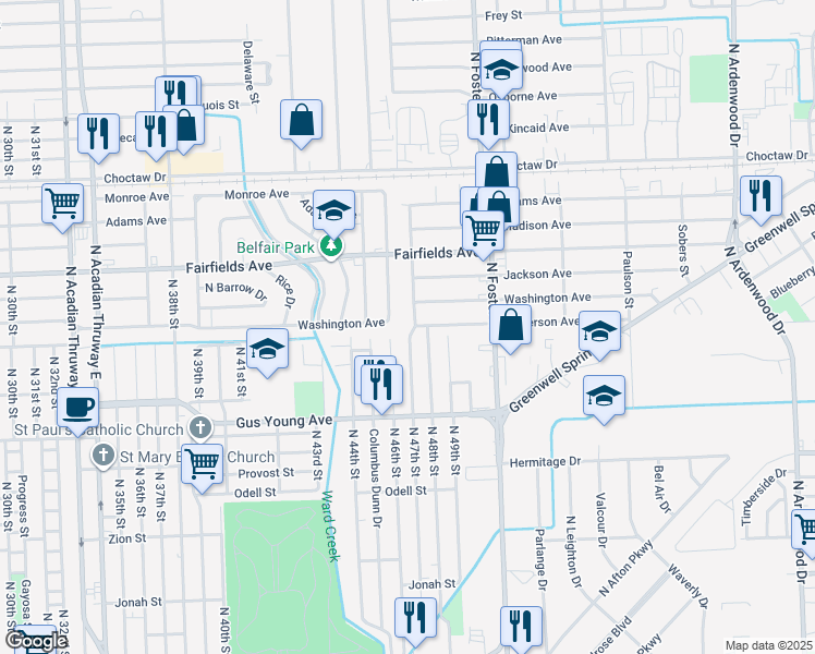 map of restaurants, bars, coffee shops, grocery stores, and more near 1807 Harelson Street in Baton Rouge
