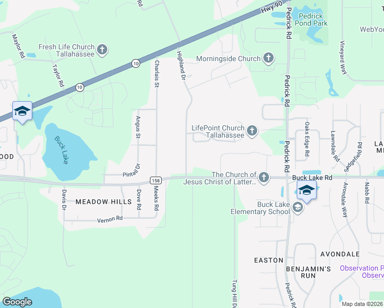 map of restaurants, bars, coffee shops, grocery stores, and more near 1233 Highland Drive in Tallahassee