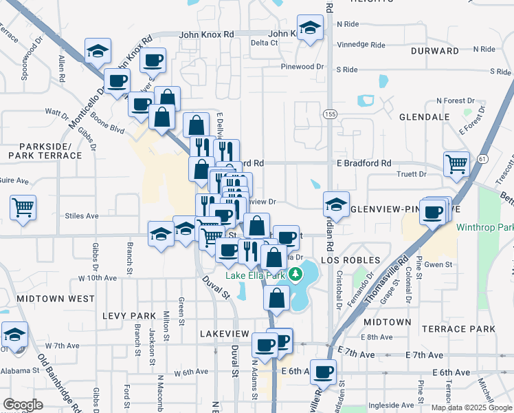 map of restaurants, bars, coffee shops, grocery stores, and more near 103 Glenview Drive in Tallahassee