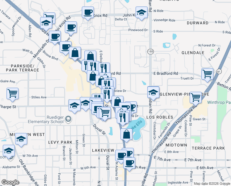 map of restaurants, bars, coffee shops, grocery stores, and more near 103 Glenview Drive in Tallahassee