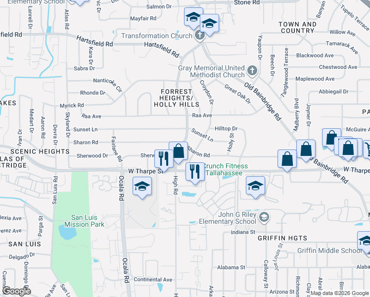 map of restaurants, bars, coffee shops, grocery stores, and more near 1605 Sharon Road in Tallahassee