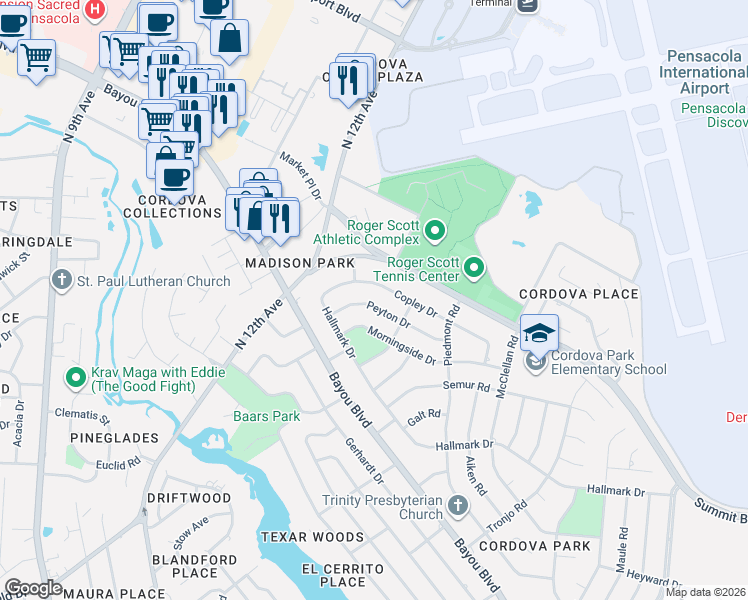 map of restaurants, bars, coffee shops, grocery stores, and more near 1831 Peyton Drive in Pensacola