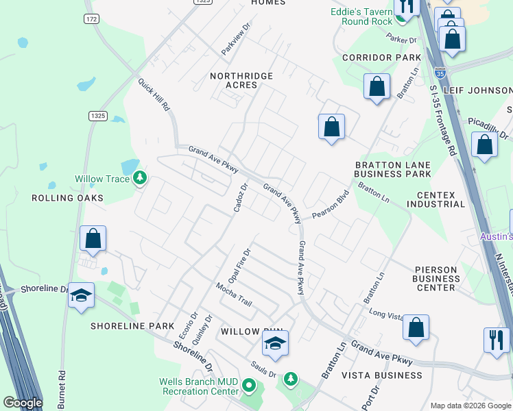 map of restaurants, bars, coffee shops, grocery stores, and more near 15701 Circuit Lane in Austin