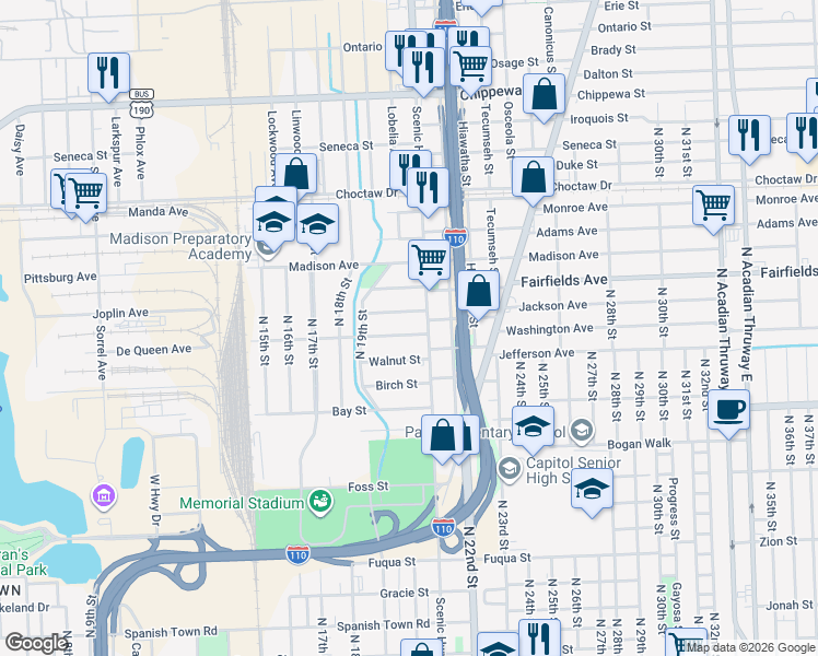 map of restaurants, bars, coffee shops, grocery stores, and more near 2025 Chestnut St in Baton Rouge