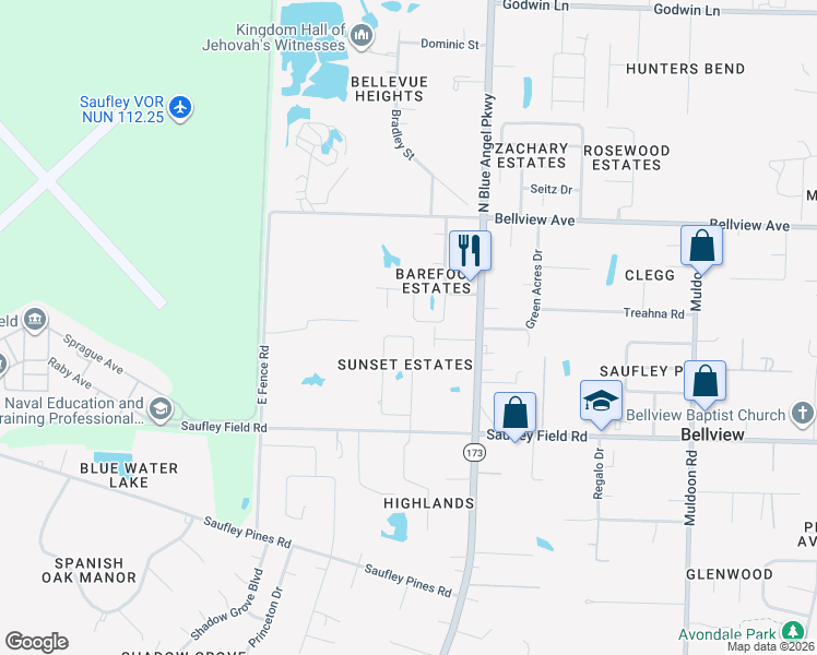 map of restaurants, bars, coffee shops, grocery stores, and more near 6102 Suntan Circle in Pensacola
