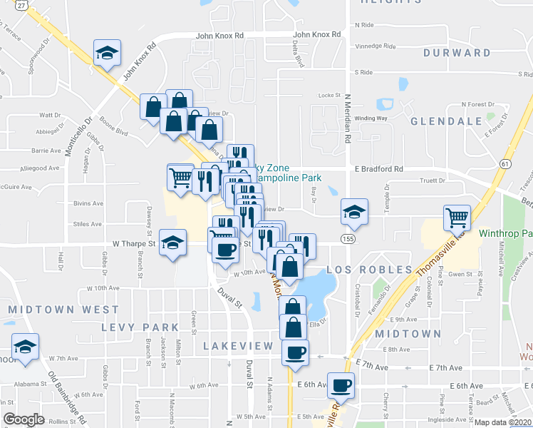 map of restaurants, bars, coffee shops, grocery stores, and more near 103 Glenview Drive in Tallahassee