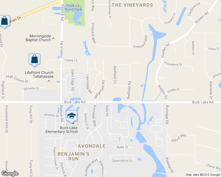 map of restaurants, bars, coffee shops, grocery stores, and more near 6097 Redfield Circle in Tallahassee