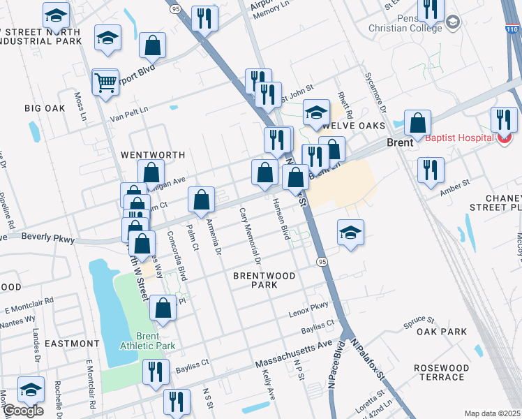 map of restaurants, bars, coffee shops, grocery stores, and more near 114 Carolyn Way in Pensacola