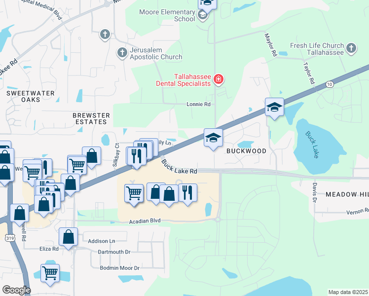map of restaurants, bars, coffee shops, grocery stores, and more near 3659 Mahan Drive in Tallahassee