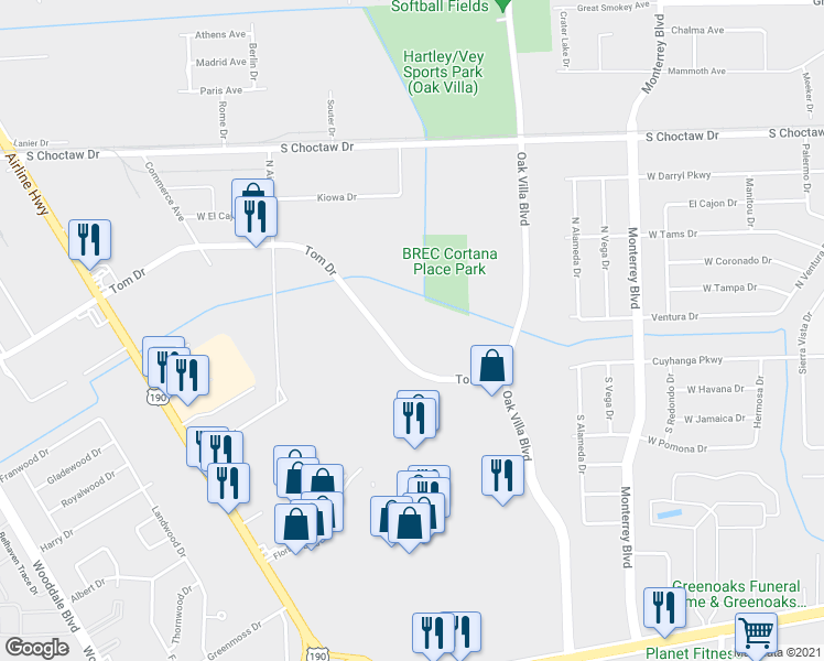 map of restaurants, bars, coffee shops, grocery stores, and more near 9101 Tom Drive in Baton Rouge