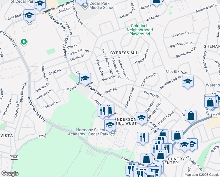 map of restaurants, bars, coffee shops, grocery stores, and more near 1709 Hatch Road in Cedar Park