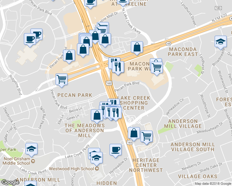 map of restaurants, bars, coffee shops, grocery stores, and more near Research Boulevard in Austin