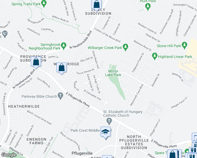 map of restaurants, bars, coffee shops, grocery stores, and more near 312 Crater Lake Drive in Pflugerville