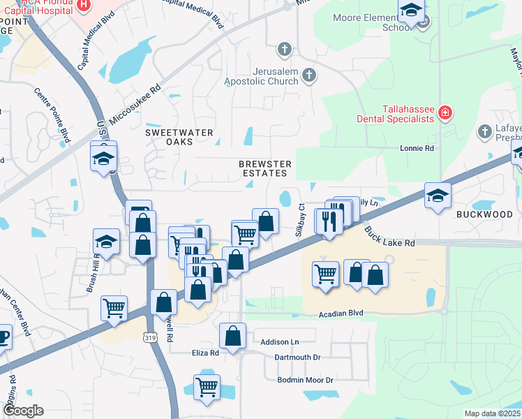 map of restaurants, bars, coffee shops, grocery stores, and more near 4067 Brewster Road in Tallahassee