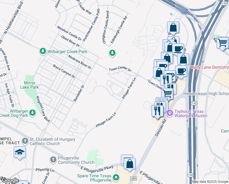 map of restaurants, bars, coffee shops, grocery stores, and more near 1241 Town Center Drive in Pflugerville