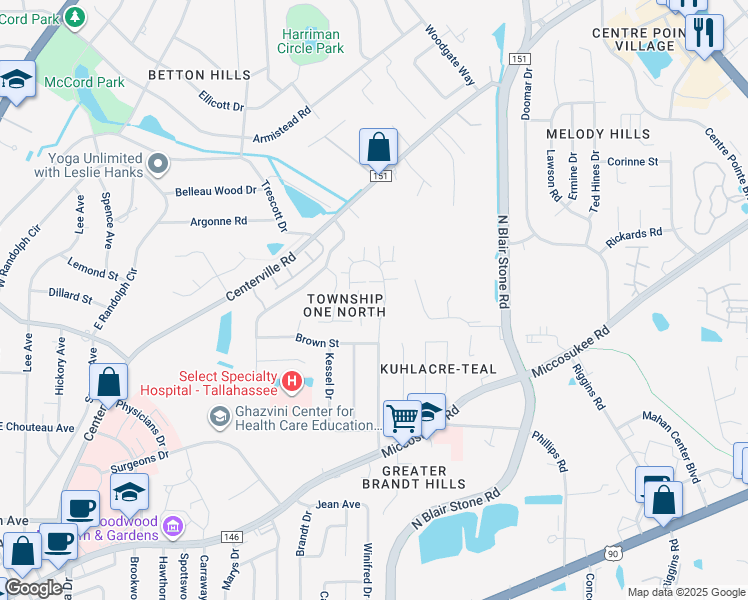 map of restaurants, bars, coffee shops, grocery stores, and more near 1605 Akridge Drive in Tallahassee