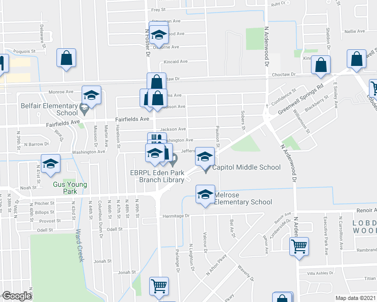 map of restaurants, bars, coffee shops, grocery stores, and more near 5200 Jefferson Avenue in Baton Rouge