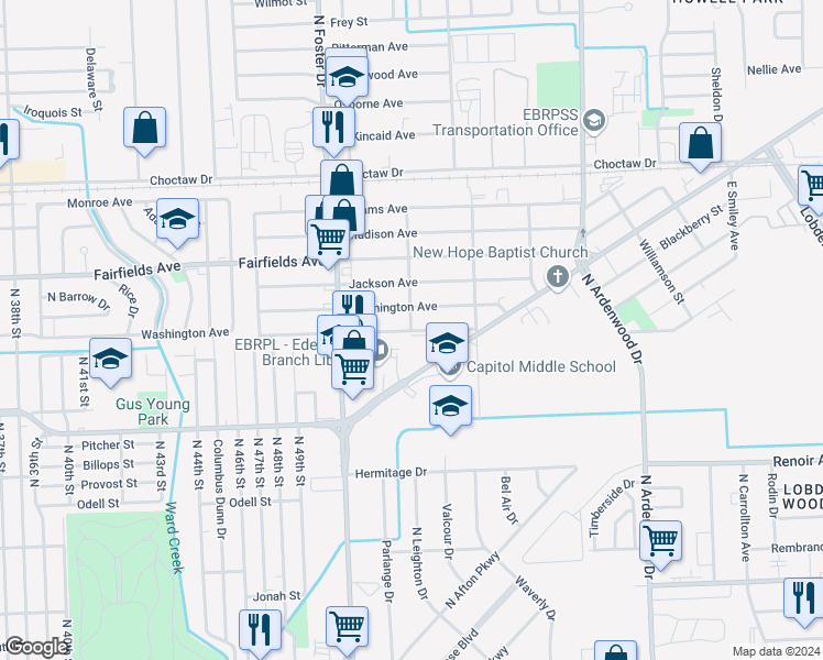 map of restaurants, bars, coffee shops, grocery stores, and more near 1801 Bahm Street in Baton Rouge