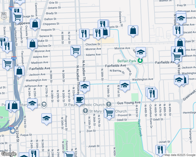 map of restaurants, bars, coffee shops, grocery stores, and more near 3536 Washington Avenue in Baton Rouge