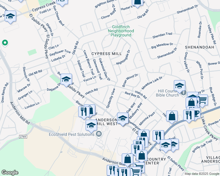 map of restaurants, bars, coffee shops, grocery stores, and more near 1601 Honeyweed Street in Cedar Park