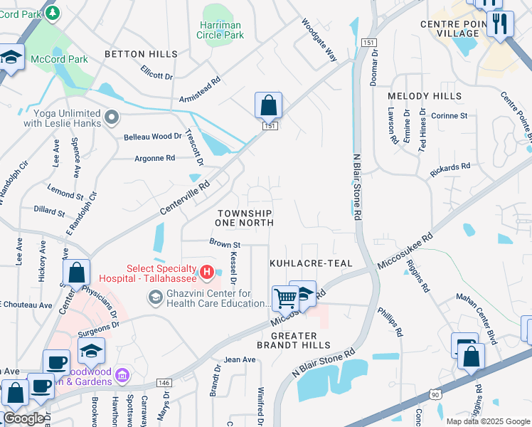 map of restaurants, bars, coffee shops, grocery stores, and more near 1605 Akridge Drive in Tallahassee