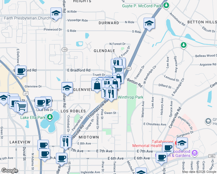 map of restaurants, bars, coffee shops, grocery stores, and more near 1890 Thomasville Road in Tallahassee