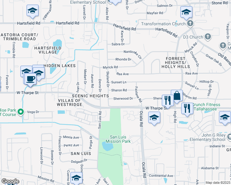 map of restaurants, bars, coffee shops, grocery stores, and more near 1922 Sherwood Drive in Tallahassee