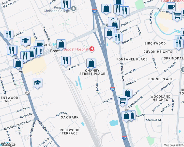 map of restaurants, bars, coffee shops, grocery stores, and more near 389 Royce Street in Pensacola
