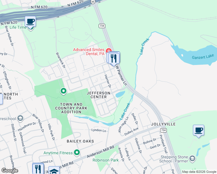 map of restaurants, bars, coffee shops, grocery stores, and more near 8612 Harrier Drive in Austin