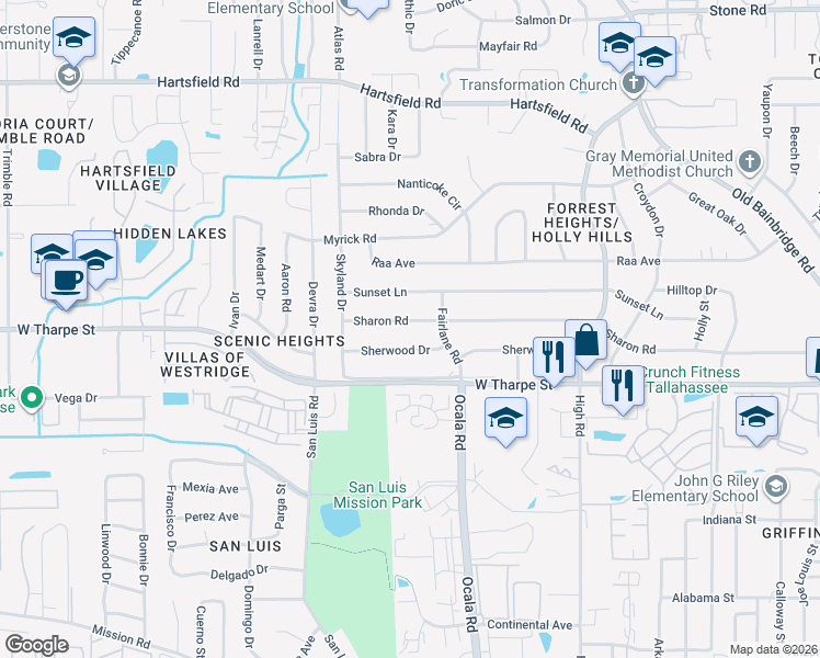 map of restaurants, bars, coffee shops, grocery stores, and more near 1902 Sherwood Drive in Tallahassee