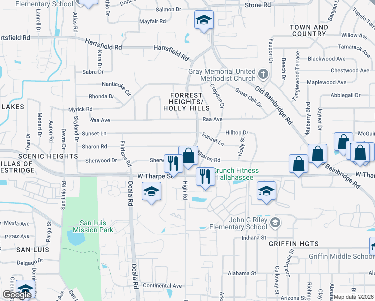 map of restaurants, bars, coffee shops, grocery stores, and more near 1812 High Road in Tallahassee