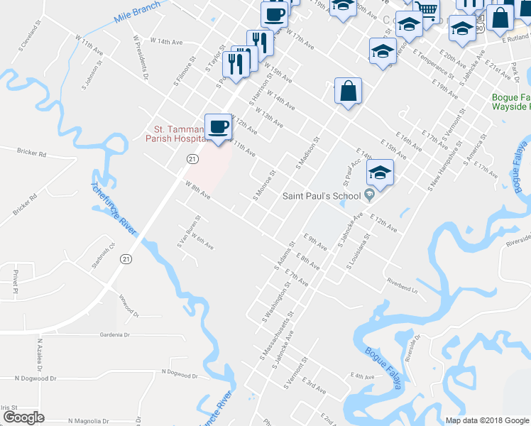 map of restaurants, bars, coffee shops, grocery stores, and more near 213 West 9th Avenue in Covington