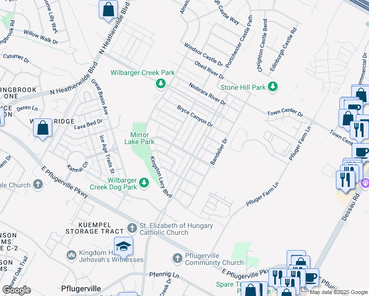 map of restaurants, bars, coffee shops, grocery stores, and more near 18301 Friendship Hill Drive in Pflugerville