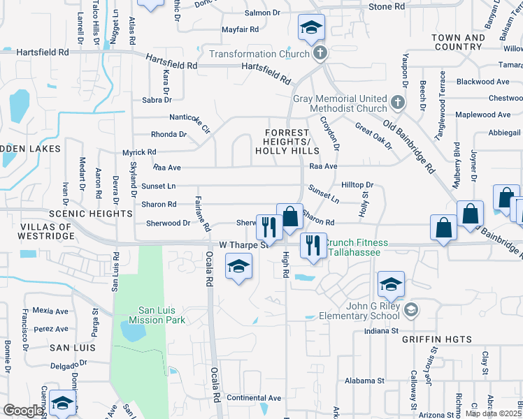 map of restaurants, bars, coffee shops, grocery stores, and more near 1725 Sharon Road in Tallahassee