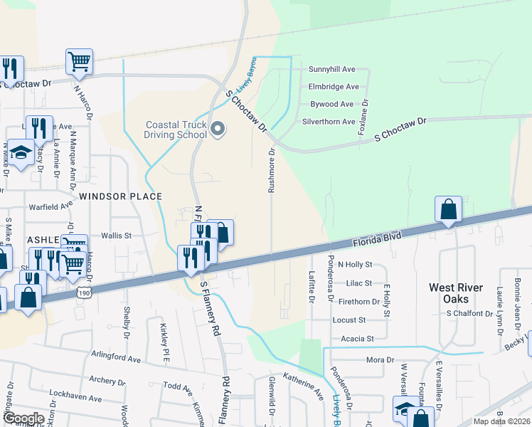 map of restaurants, bars, coffee shops, grocery stores, and more near 283 Rushmore Drive in Baton Rouge