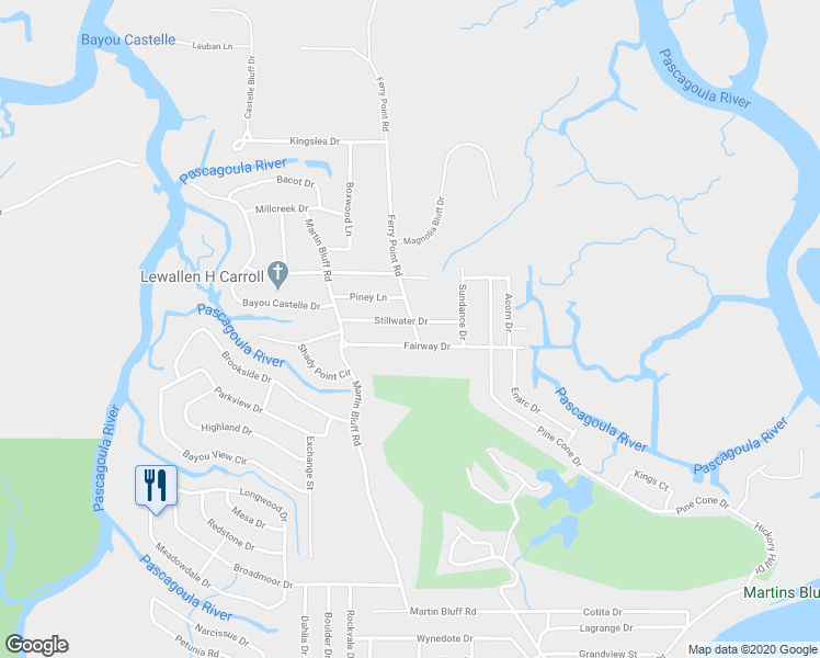 map of restaurants, bars, coffee shops, grocery stores, and more near 1709 Stillwater Drive in Gautier