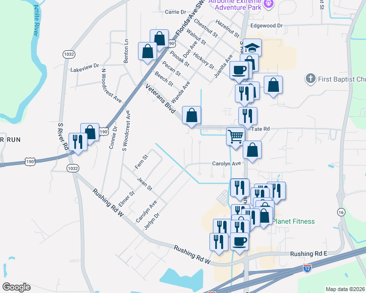 map of restaurants, bars, coffee shops, grocery stores, and more near 1743 Carolyn Avenue in Denham Springs