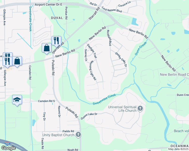 map of restaurants, bars, coffee shops, grocery stores, and more near 1068 Morning Light Road in Jacksonville