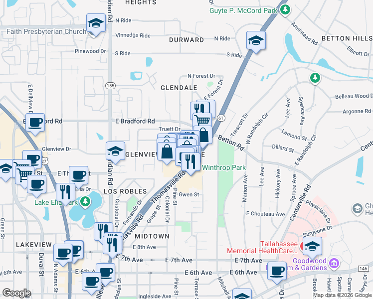 map of restaurants, bars, coffee shops, grocery stores, and more near 1890 Thomasville Road in Tallahassee