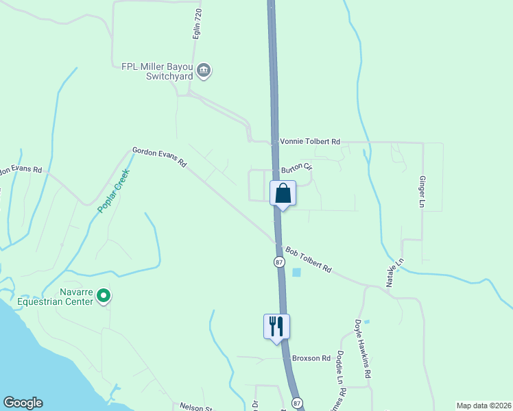 map of restaurants, bars, coffee shops, grocery stores, and more near 3613 Burton Circle in Navarre
